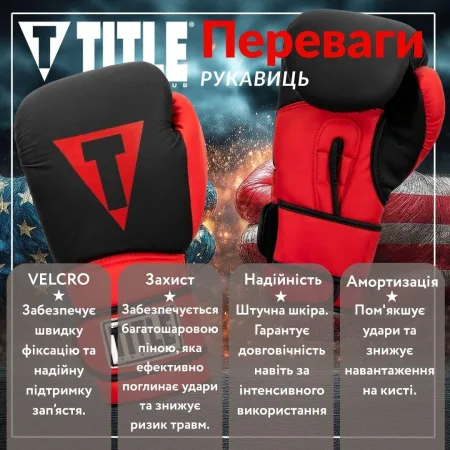 Боксерські рукавиці TITLE Boxing Guts and Glory Black/Red M 12 унцій (бинти 4м. в комплекті)