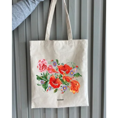 Екошопер BookOpt BK4002 петриківський розпис червоні квіти бежевий