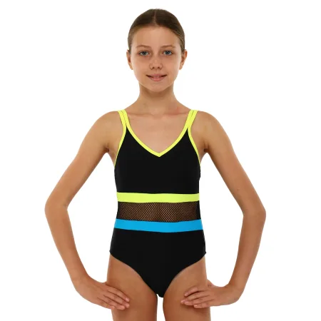 One-piece swimming suit for children 8-12 years black-blue-yellow 10