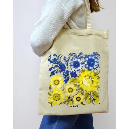 Ecobag BookOpt BK4004 Petrykivka Painting Blue Yellow Flowers Beige
