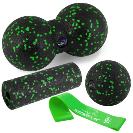 Набір для масажу та йоги PowerPlay PP_4091 EPP (2 м'ячики + валик масажер 15*5,3 см.) Green + резинка 5,5 кг.