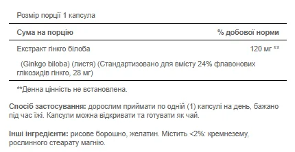 Ginkgo Biloba Standardized Extract 120 мг - 200 капсул