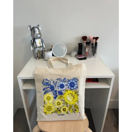 Ecobag BookOpt BK4004 Petrykivka Painting Blue Yellow Flowers Beige