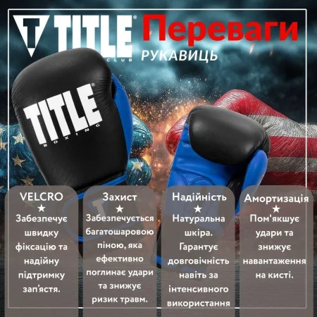 Боксерські рукавиці TITLE Boxing Dynamic Strike Black/Blue 14 унцій (бинти 4 м. у комплекті)