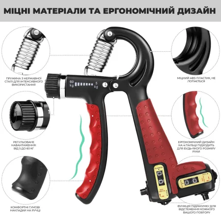 Hand Grip Expander with Counter PowerPlay PP-4402 with Adjustable Load 10-60 kg Red